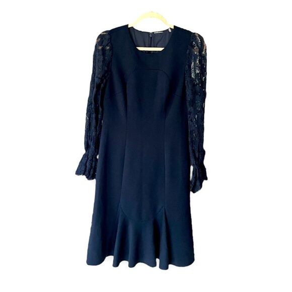 ELIE TAHARI | Navy Lace Sleeved Midi Cocktail Dress (6) - Picture 2 of 6
